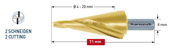Коническое сверло с покрытием TiN-GOLD, диаметр 4-20 мм, двухзаходное