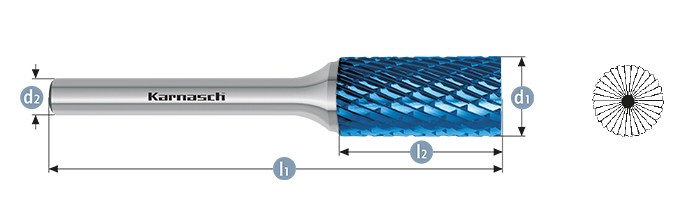 Борфреза твердосплавная форма B (цилиндр с торцовыми зубьями), насечка HP-3, с покрытием Blue-Tec