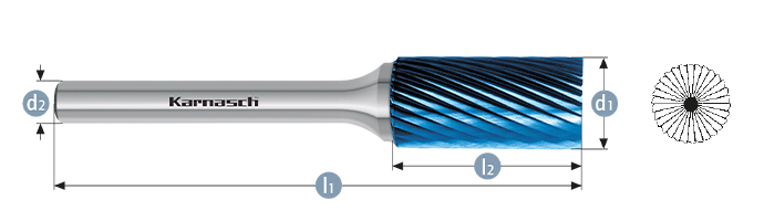 Борфреза твердосплавная форма B (цилиндр с торцовыми зубьями), насечка HP-2, с покрытием Blue-Tec