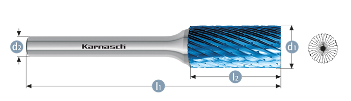 Борфреза твердосплавная форма B (цилиндр с торцовыми зубьями), насечка HP-1, с покрытием Blue-Tec