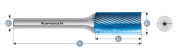 Борфреза твердосплавная форма B (цилиндр с торцовыми зубьями), насечка HP-5, с покрытием Blue-Tec