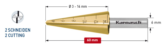 Коническое сверло с покрытием TiN-GOLD, диаметр 3-14 мм, двухзаходное