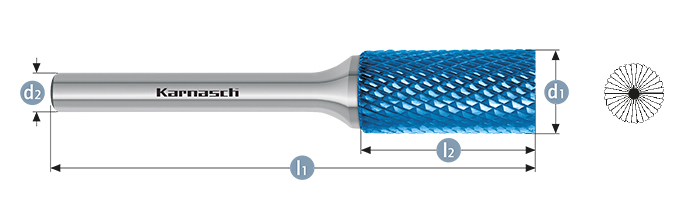 Борфреза твердосплавная форма B (цилиндр с торцовыми зубьями), насечка HP-4, с покрытием Blue-Tec